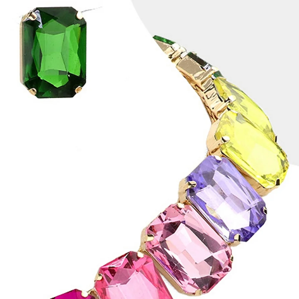 MultiColored Crystal Emerald Stone Chain Set Necklace Bling Evening Jewelry